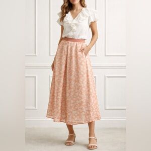 Max Mara Weekend Silk Midi Skirt Size 6 IT 40 Peach Ivory Pockets